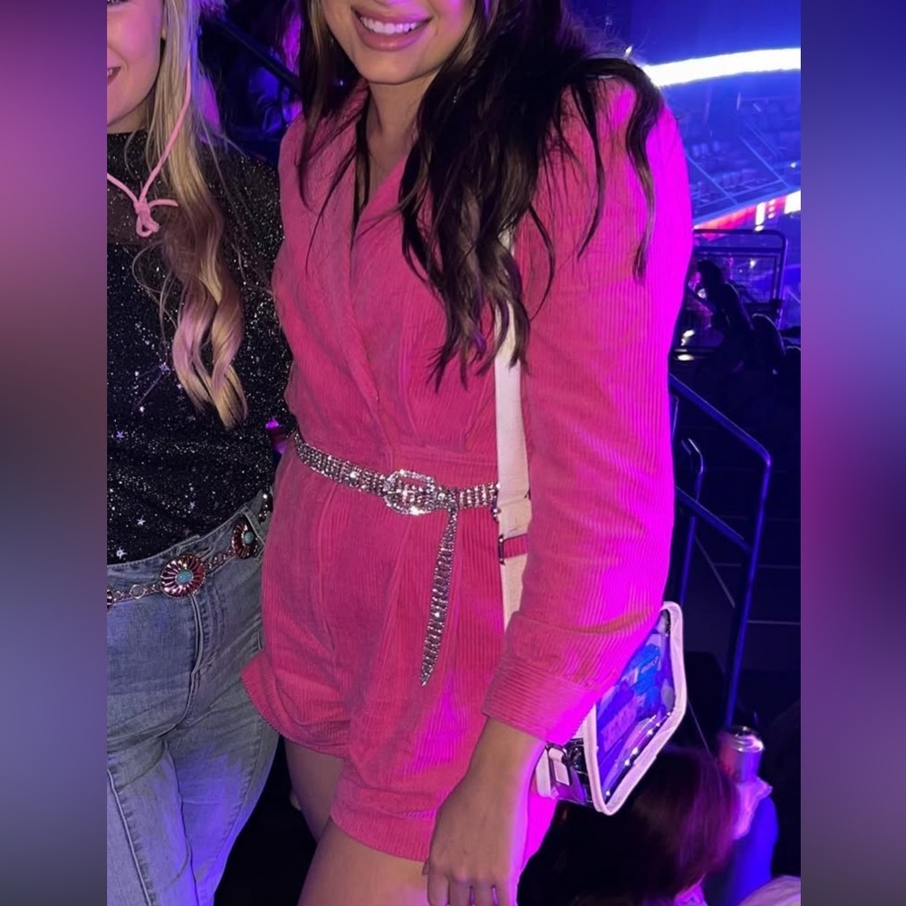Pink Corduroy Long Sleeve Romper Rhinestone Belt V-Neck Short